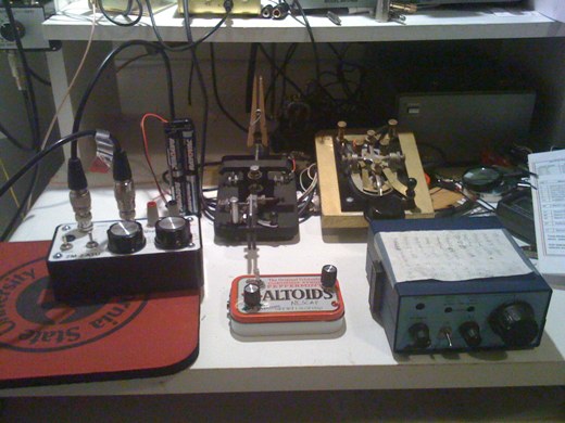 CCW from left: ZM-2 ATU Tuner, NESCAF Filter, Norcal 40A, J-38, Les Logan 500, 8 AA's