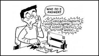 Cartoon of a straight key operator facing a pileup and wondering who to answer